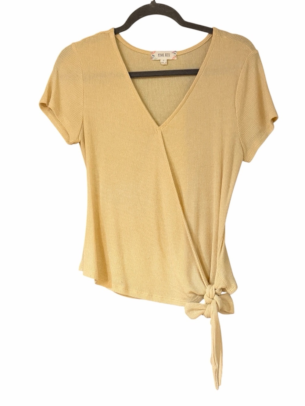 Pink Rose Yellow Ribbed Wrap Front Side Tie Top Size Large